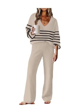 Striped Button-Up Knit Sweater & Wide Leg Pants - Lounge Set